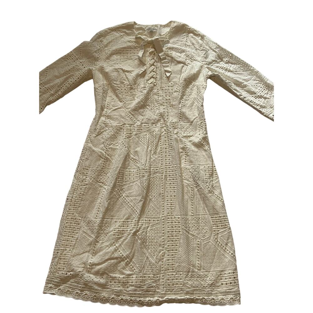 J. Peterman White Eyelet Lace Panelled Long Sleeve Mini Dress Size 4 Cotton